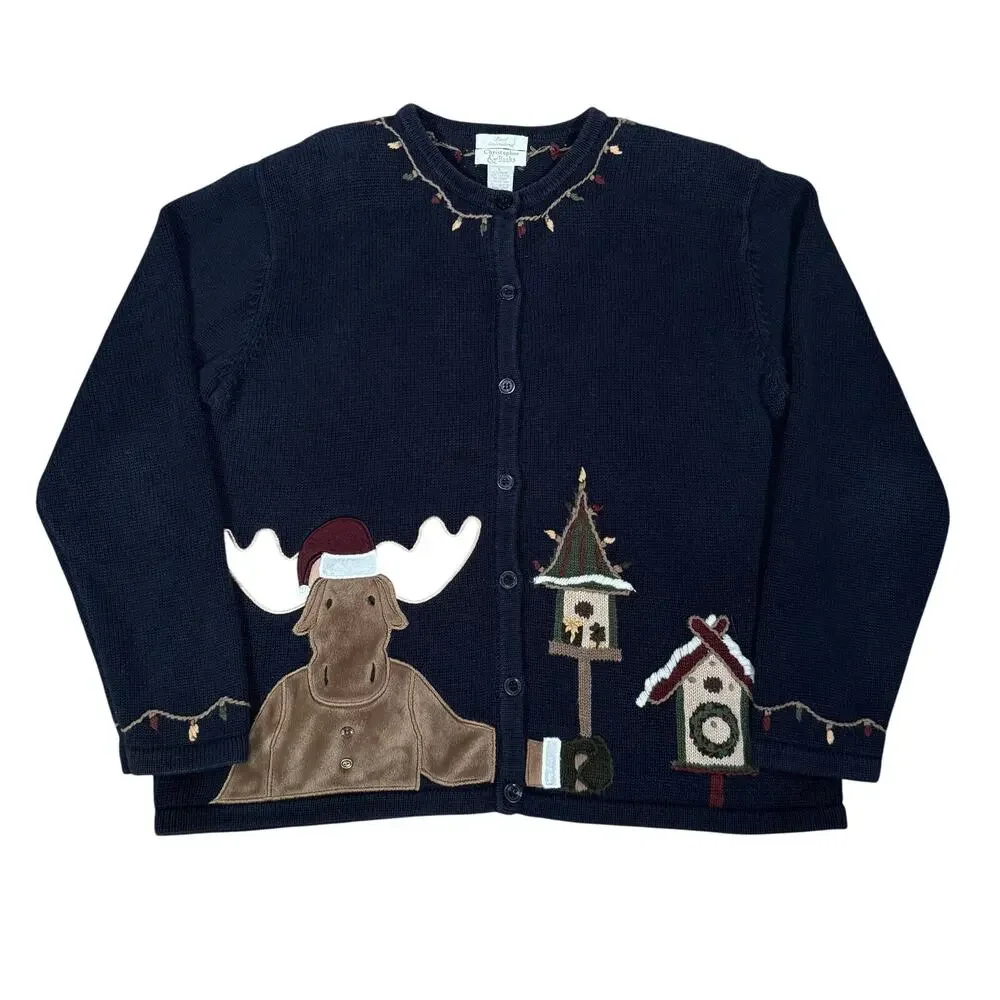 Holiday Moose Cardigan Sweater With Birdhouses And Lights Embroidery Womens L